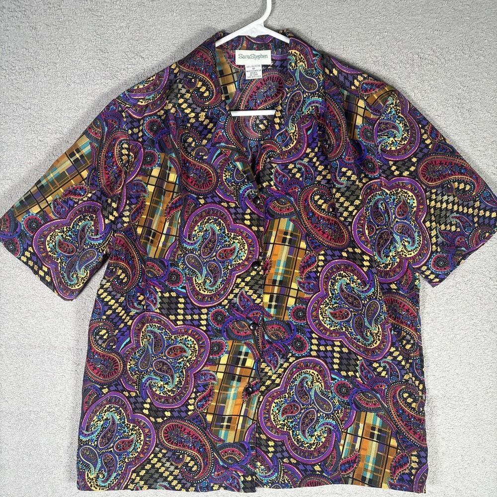 Sara‎ Stephen Button Up Shirt Women’s Size Medium Purple Paisley Psychedelic